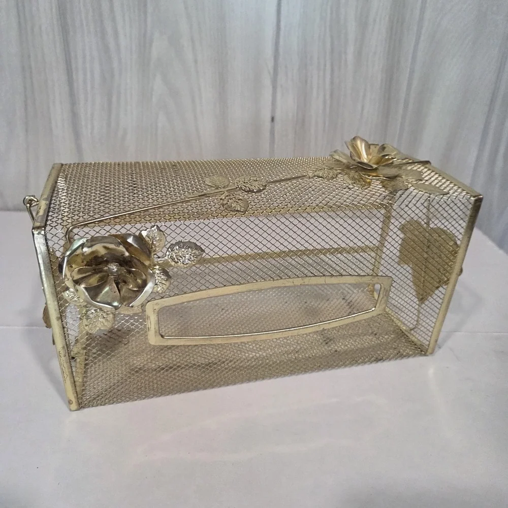 Vintage Ornate Goldtone Filigree TISSUE/KLEENEX BOX HOLDER~Rose Design~Footed